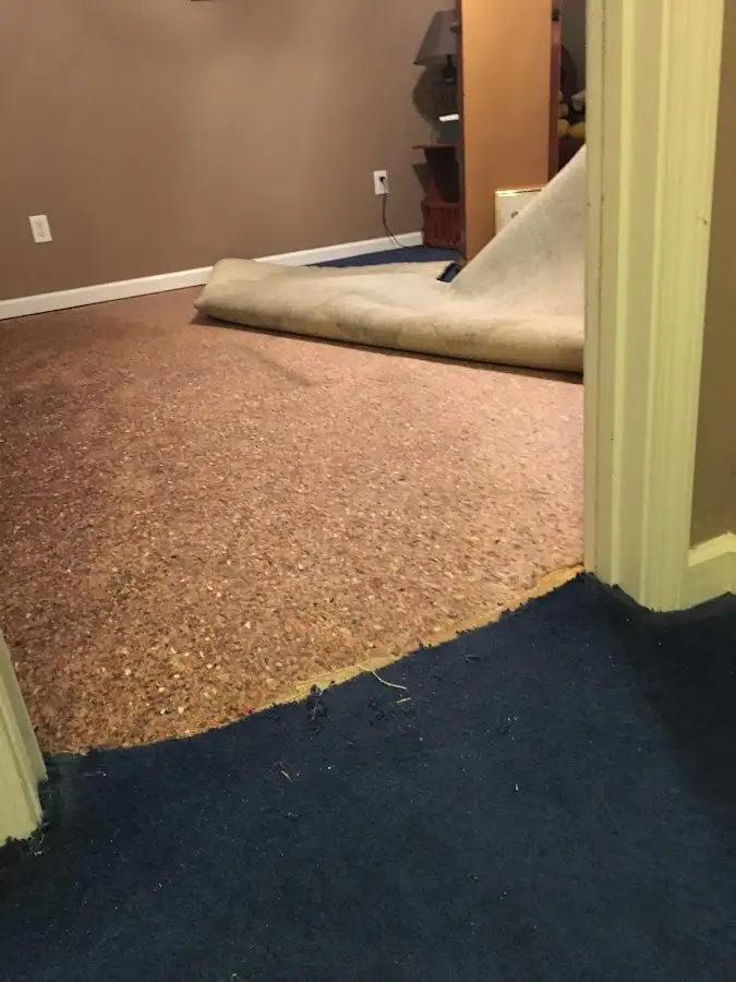Carpet pad removal revealing water damage during Water Mitigation Services in Falls
